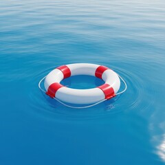 Naklejka premium A bright red and white lifebuoy floats serenely on the surface of crystal blue ocean water, suggesting nautical rescue safety meets tropical holiday leisure, blue, pool, device
