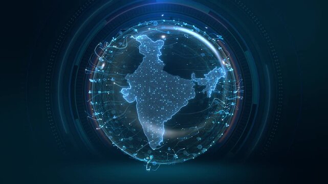 Digital India Map of India Futuristic economy finance currency Glowing digital map of India neon connections. Futuristic technology network visualization. Perfect for IT business global network themes