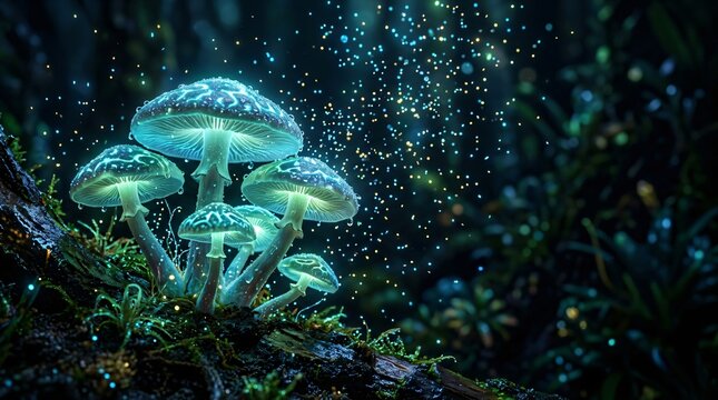 Group of glowing mushrooms in a dark night forest. Bioluminescent fungi in nature. Magical woodland atmosphere with sparkling particles. Fantasy ecological concept of forest life.
