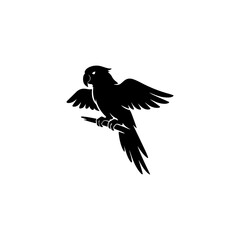 Fototapeta premium Silhouette of a parrot perched on a branch, with wings spread, isolated on a white background, graphic illustration.