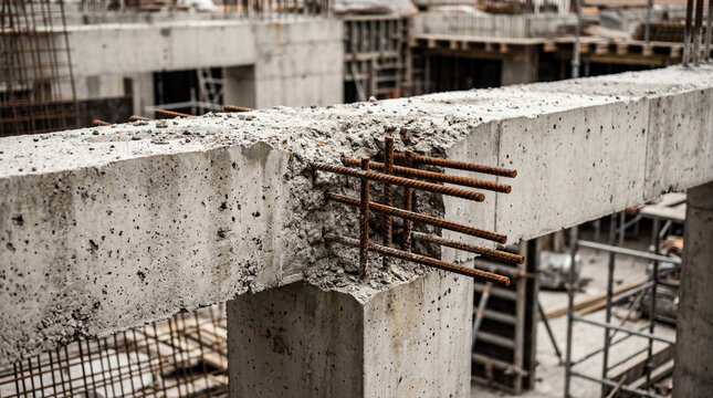 Close-up of raw concrete beams and columns with exposed rebar steel at construction site