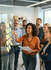 Fototapeta premium Diverse Group Of Professionals Engaged In To Collaborative Brainstorming Session Within Office Environment Main Subject Woman With Curly Hair Leading Discussion Presentation Shes