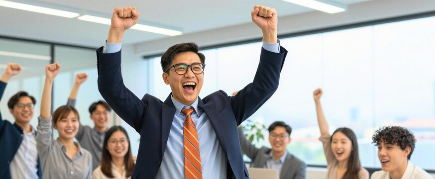 Jubilant Moment In Office Environment Group Of Professionals Celebrating To Successful Outcome Victory Main Subject Positioned Centrally Prominently Within Frame Male Figure Exuding