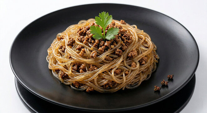 A minimalist product shot of Ants Climbing a Tree on a clean, matte black ceramic plate. A perfectly circular mound of noodles sits in the center, highlighting the contrast 