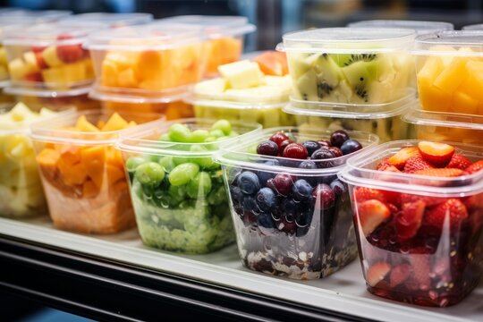 Various chopped fruits packed in clear plastic containers on a store shelf