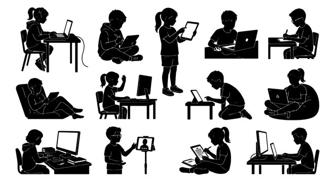 Children using technology silhouettes, set of 13 vector icons of kids with laptops and tablets, students learning with computers and digital devices