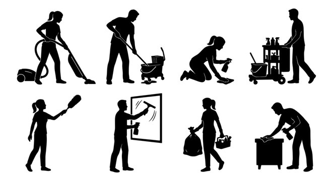 Professional cleaning service silhouettes, janitorial staff working with equipment, commercial housekeeping icons set, vector people cleaning