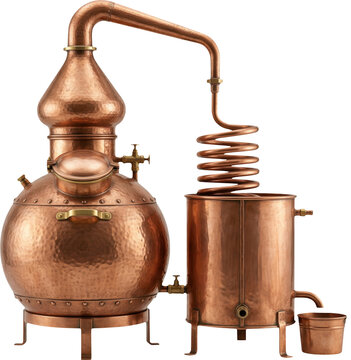 Traditional copper alembic still for distillation isolated on transparent background