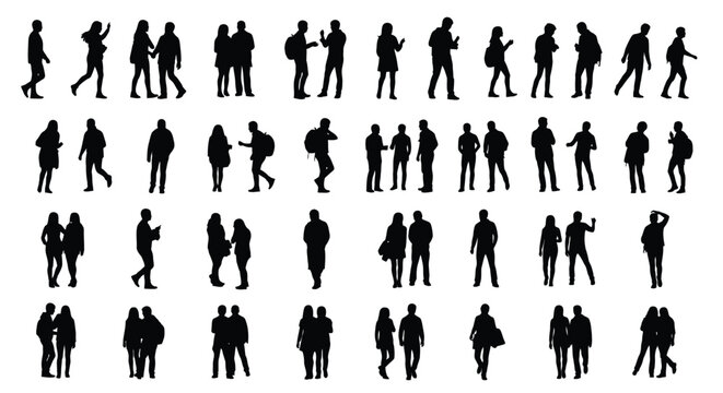 Comprehensive graphic illustration featuring numerous vector people silhouettes in various poses for design projects and architectural plans.
