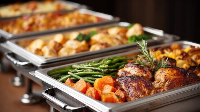 Delicious buffet spread featuring roasted chicken, green beans, and carrots in chafing dishes