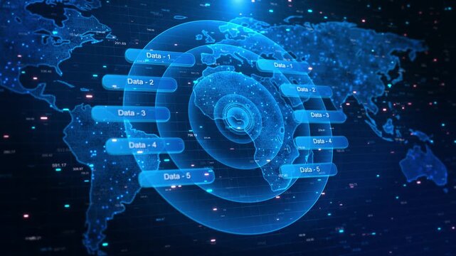 Global Data Network Map Radar Interface Digital World Map Analytics radar style interface rings data labels. Global analytics, network big data dashboard for cybersecurity, research, finance worldwide
