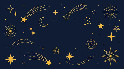 Fototapeta premium Decorative navy background with gold stars, crescent moons, and shooting comets for a celestial motif and festive design