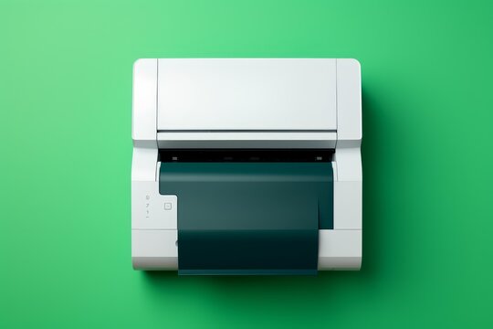 White modern printer scanning dark green paper from an overhead view