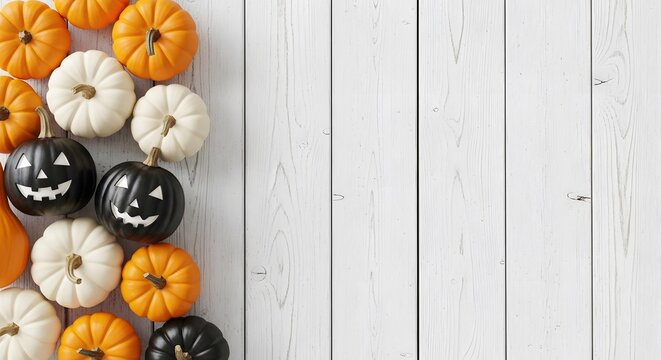 Autumn mini pumpkins and jack-o'-lanterns on rustic white wooden background