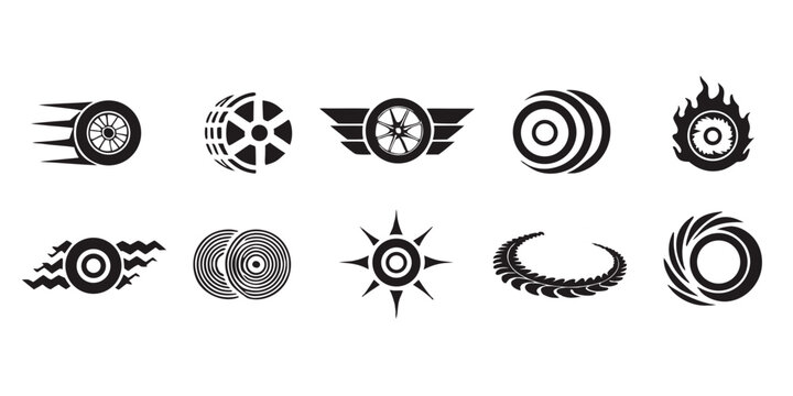 Black Tire Speed Motion Icon Set Racing Wheel Drift Vector Collection