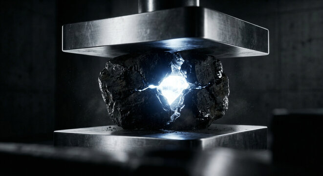 Hydraulic press crushing a dark coal rock to reveal a glowing bright diamond inside, pressure creating value concept.