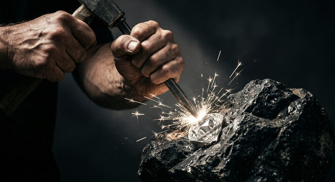 Close up of hands using hammer and chisel to carve a brilliant diamond from a rough rock with sparks flying, craftsmanship and effort.