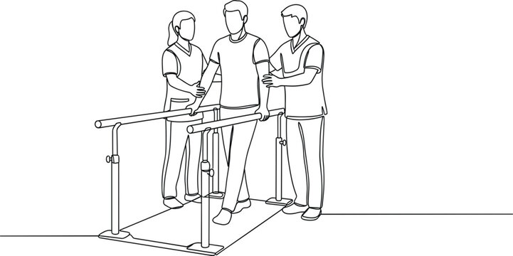 Rehabilitation Therapy Scene with Patient Walking on Parallel Bars Assisted by Physiotherapists, Line Art Illustration for Healthcare and Recovery Concepts