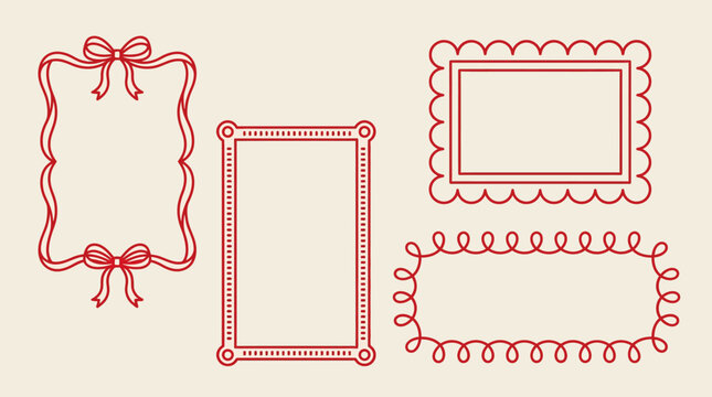 Set of vintage red decorative picture frames and borders on beige background for invitations and crafts