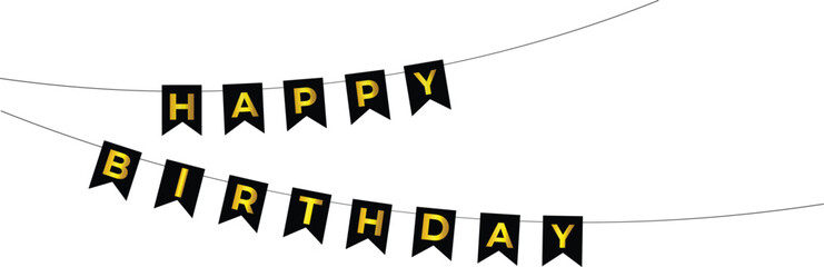 Happy birthday black and gold color bunting flag hanging on isolated transparent background for birthday greeting card, banner, poster design element © mahbub studio
