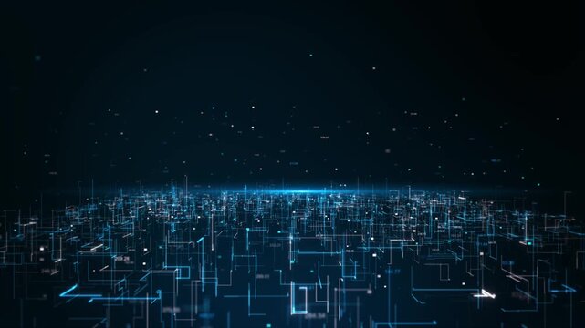 Glowing digital grid landscape floating particles geometric data lines futuristic technology environment. cyberspace visualization of information flow network systems for tech presentations innovation