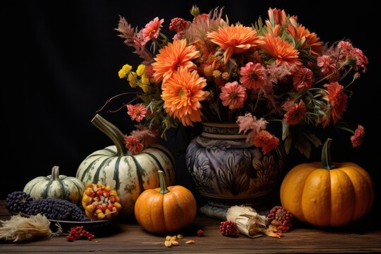 Pumpkins and gourds arranging on a rustic wooden table with a floral vase