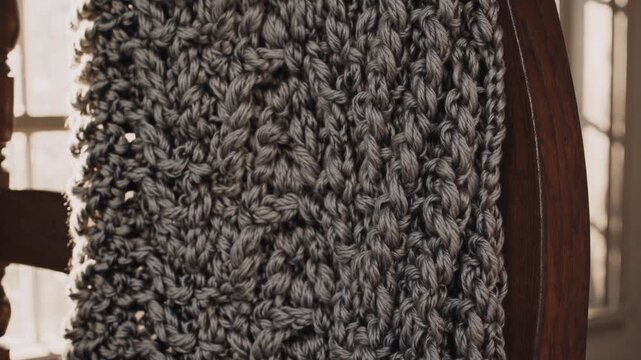 Gray chunky knit scarf draped over curved wooden chair by sunlit window, closeup pans reveal thick wool stitches, tactile texture and handmade charm, warm hygge mood ideal for winter interiors