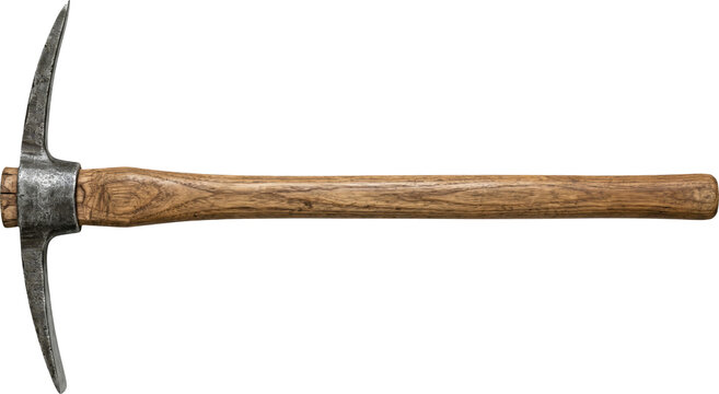 Rustic mining pickaxe with wood handle isolated on transparent background