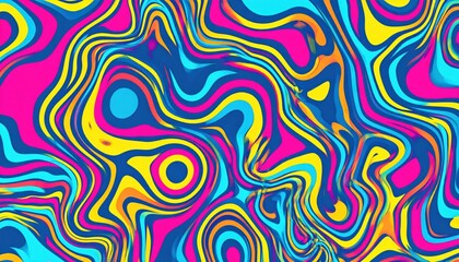 Obraz premium Retro Funky Lines Background with Wavy Abstract Patterns in Bright Pink and Yellow Tones, Psychedelic 60s Groovy Aesthetic for Party Invitation, Art Poster, and Hippie Event Graphic