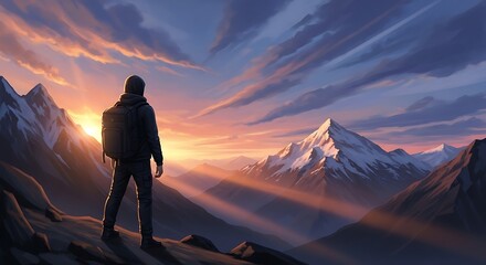 Obraz premium Hiker admiring mountain range at sunset with dramatic sky and sunlight