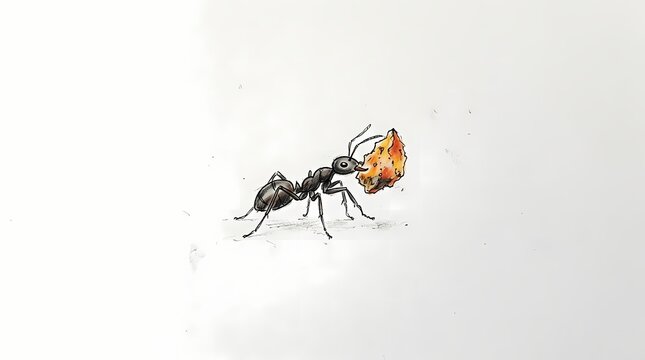 Detailed macro shot of a hard-working black ant transporting a small piece of golden food isolated on a white background