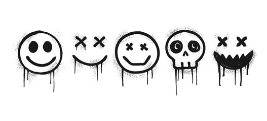 Set of graffiti spray paint icons, smiley faces and skull with dripping paint effect © Shuvojit11