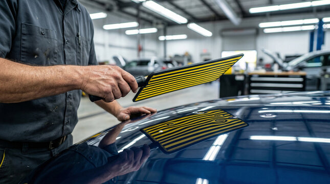 Technician inspecting car hood damage with paintless dent repair tool