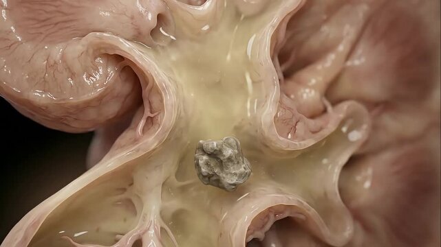 Body Stones of the human kidney's internal calyx, with a prominent calculus lodged and causing inflammation.