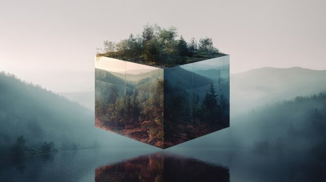 Abstract cube reflecting forest landscape at sunrise with pixelated edges and misty mountains in background surreal nature concept