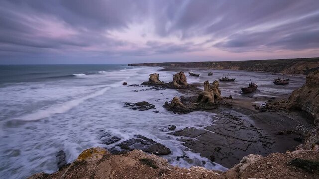 Ocean water receding to reveal rough dark dry land emerging