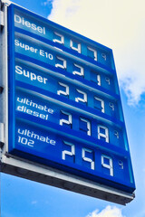 Fototapeta premium Skyrocketing Fuel Prices at Gas Station: High Energy Costs and Oil Crisis Concept - reportagefotografie - dokumentarisch - real photography - camera shot,- no ai - human made