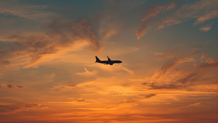 Fototapeta premium Airplane flies through vibrant orange sunset sky