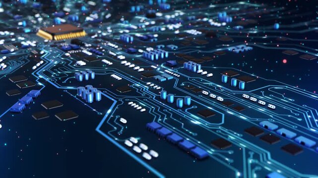 Advanced Microchip Circuit Board Data Signals glowing data signals electronic pathways. Semiconductor processor technology, hardware computing, AI chip electronics, engineering, tech industry visuals.