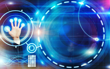 Obraz premium Futuristic business technology with AI touch screen, holographic interface, and gesture control for smart digital workplace innovation.