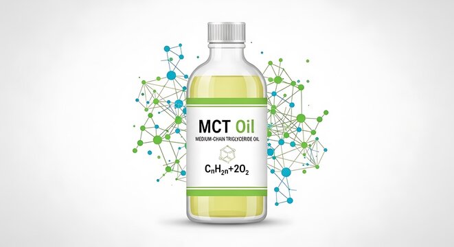 Mct oil bottle isolated on white background with graphic elements