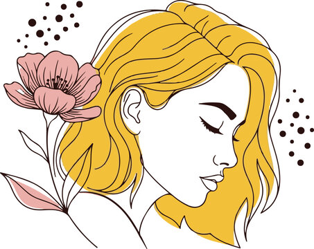 Elegant young woman with flowing golden hair depicted in a minimal line art illustration style featuring a soft pink flower to showcase feminine beauty and delicate artistic graphic design work