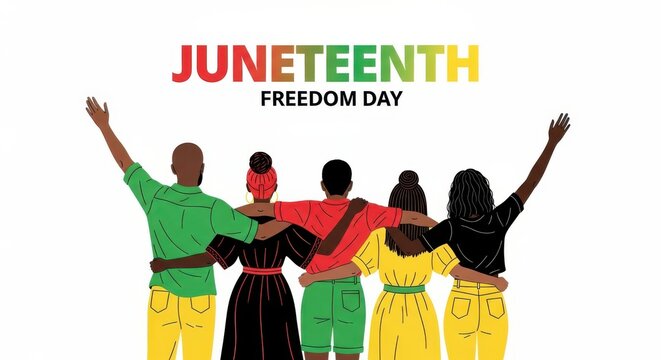 Juneteenth freedom day illustration with a group of diverse people standing together with arms around each other isolated on white background