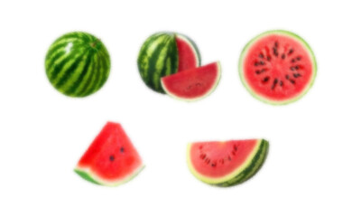 Naklejka premium Set of watermelon fruit illustrations with slices and seeds on transparent background