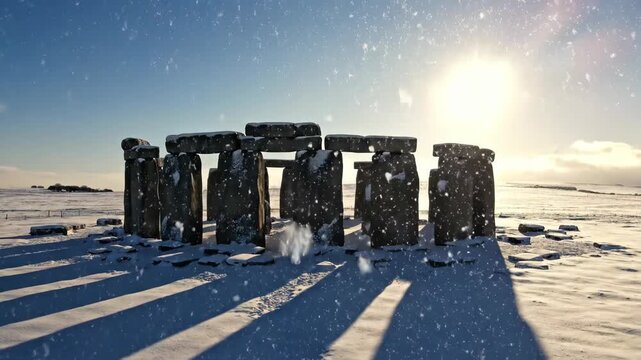 Megalithic stone circle in snowy winter landscape with sun