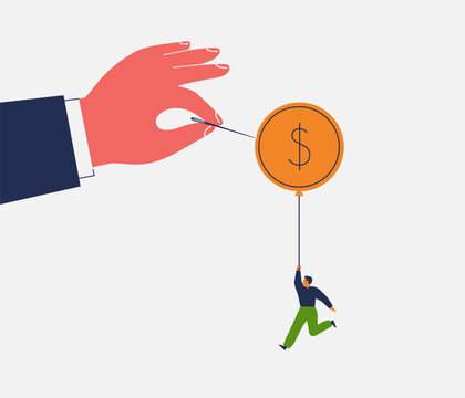 government support end in of small business. money bubble collapsing concept. hand pierces a balloon with a needle, man holding on to a rope. vector illustration