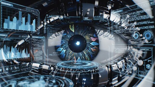 A mesmerizing digital artwork depicts a futuristic, mechanical eye with intricate details and glowing blue light, suggesting advanced technology and artificial intelligence.