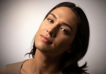 Fototapeta premium Woman with thoughtful expression looking up, portrait of a female with a contemplative mood on a neutral background