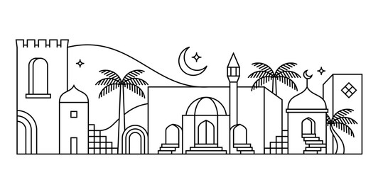 Ramadan Kareem background in white and black line art style. Modern linear Islamic greeting card template and wallpaper design. Poster and media banner vector illustration