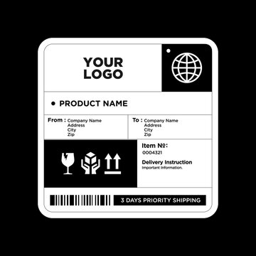 Cargo shipping delivery sticker vector. Shipment label template. Delivery  mockup. Fragile, handle icon. Information about company recipient.  Vector illustration
